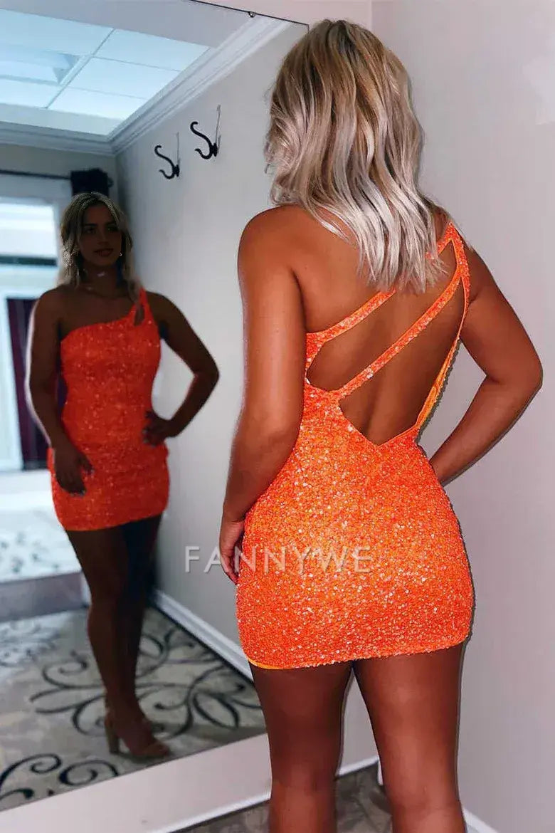 FannyWe Simple One Shoulder Sequins Bodycon Mini Dress with Keyhole formal wear dresses